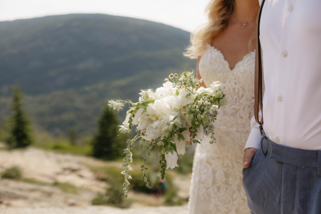 A close up of a brides Bouquet while eloping in Acadia National park 
